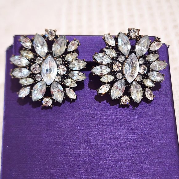 Vintage Large Marquis and Round Rhinestone Statement Stud Pierced Earrings - Picture 5 of 9